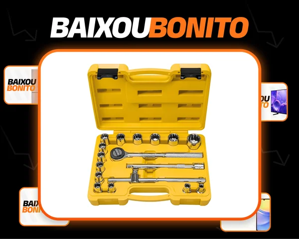 Jogo De Soquetes Estriados Encaixe 1/2' 17 Peças Tramontina Cor Amarelo/Cinza