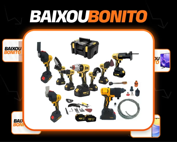 Kit Multifuncional Ferramenta 9 In1 Furadeira Parafusadeira de Impacto serra poda arvore tico-tico Circula Lixadeira Lavadora lava jato oscilante com maleta duas baterias Cor Amarelo/azul