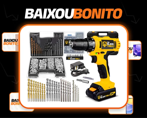 Parafusadeira Furadeira A Bateria 3/8” 10mm 1350rpm Bivolt The Black Tools + Jogo De Brocas Bits E Buchas 300 Peças