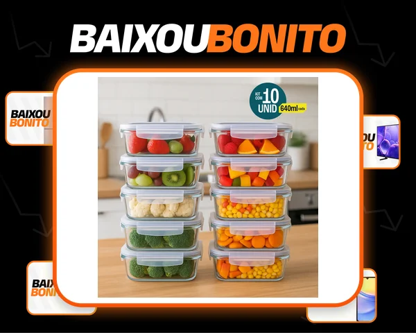 Kit 10 Potes De Vidro Hermético 640ml 4 Travas Livre De Bpa Cinza