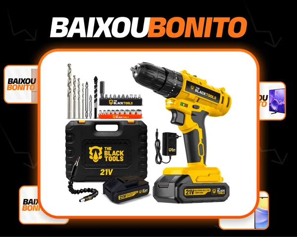 Parafusadeira Furadeira De Impacto A Bateria 21V 3/8” Bivolt 1400 Rpm Com Acessórios E Maleta TB-21PZW The Black Tools