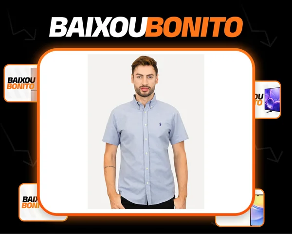 Camisa Ralph Lauren Manga Curta Oxford Logo Azul Mescla