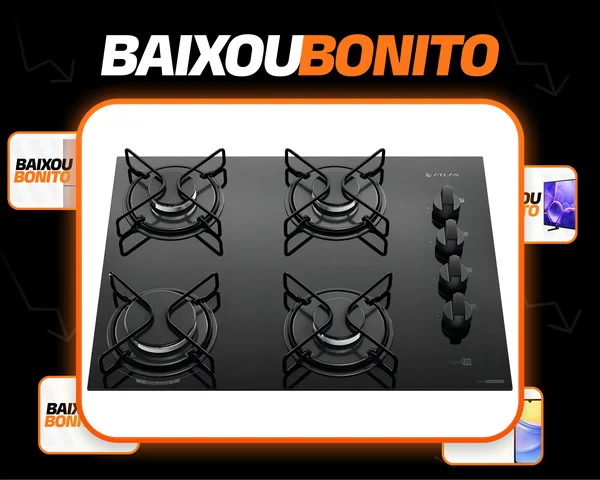 Cooktop 4 Bocas Atlas Agile Up Mesa Vidro Mega Chama Bivolt