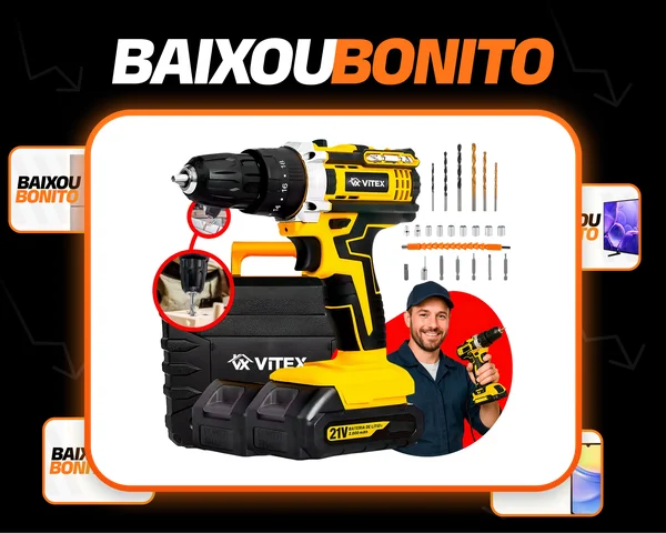 Parafusadeira Furadeira De Impacto 2 Baterias 21v Maleta 30 Peças Carregador Vitex