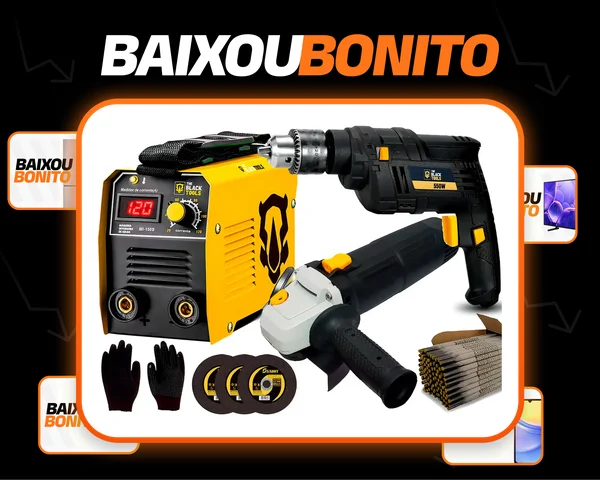 Máquina Inversora De Solda Elétrica 120A MMA/TIG + Esmerilhadeira Lixadeira Angular + Furadeira de Impacto 3/8 10mm 550W