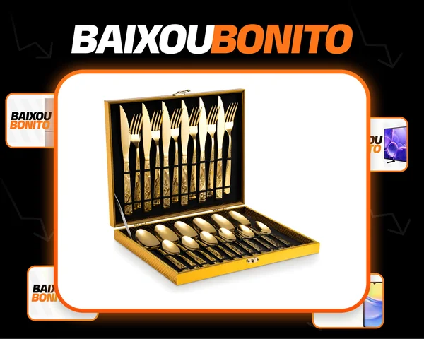 Eps-158 Kit Faqueiro Dourado Luxo Jogo Talheres Inox 24pçs + Maleta