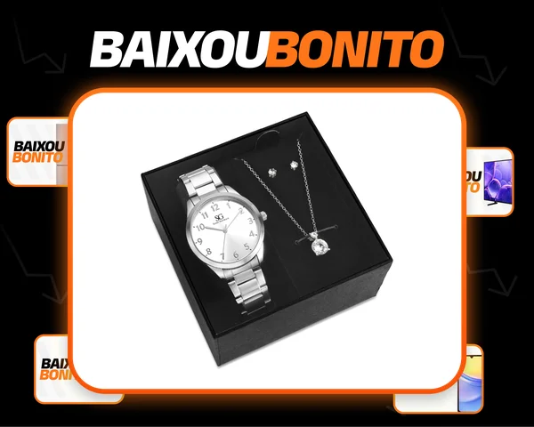 Kit Relógio Colar E Brincos Ponto De Luz Prateado Feminino Luxo Silver Saint Germain Presente Original Joias Elegante Clássico 38mm