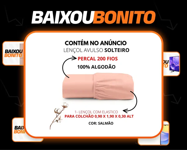 Lençol Avulso Solteiro Com Elástico 200 Fios 100% Algodão Cor Salmão