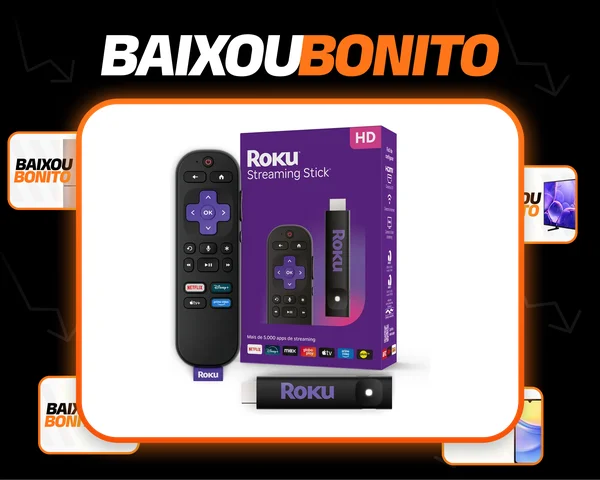 Roku Streaming Stick TVBox Aparelho Transforma TV em Smart Conversor Smart TV Controle Voz Wi-Fi Longo Alcance | Original NF-e | Com Apps e Canais Ao Vivo Grátis Sistema Rápido