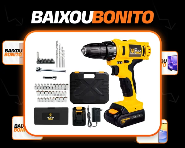 Furadeira Parafusadeira Sem Fio Bateria Tb-12E 12v 3/8 10mm Maleta E Acessórios The Black Tools + Jogo Soquetes 40 Peças