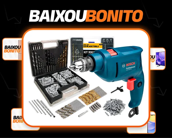 Furadeira De Impacto 3/8 10mm GSB450RE-300P Re Bosch Com Jogo De Brocas Bits E Buchas 300 Peças The Black Tools