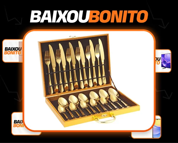 Kit 24 Faqueiro Dourado Talheres Luxo Premium Com Maleta Dourado
