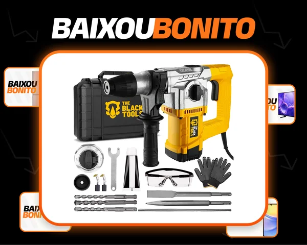 Martelo Martelete Rompedor Elétrico Concreto Com Brocas Talhadeira Ponteira Óculos Luva Cor Amarelo The Black Tools