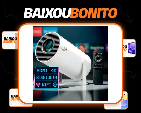 Projetor HY300 Smart Portátil Pholex Full HD 4K Android 11 WiFi Bluetooth Mini Projetor Home Theater Branco Imagem Nítida Alta Luminosidade Som Potente Compatível com Celular TV Box e Notebook