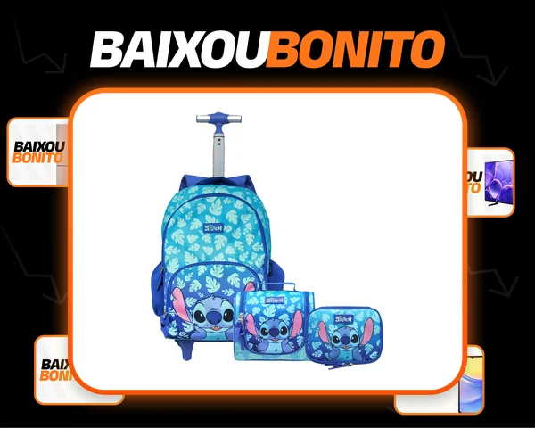 Mochila Rodinhas Notebook Lancheira Estojo Stitch Disney Cor Azul