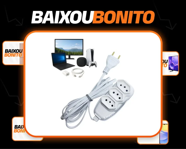 Extensão Elétrica 3 Metros Fio Grosso 3 Tomada 3 Pino Cor Branco