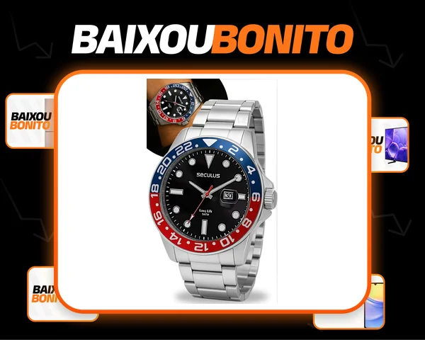 Relógio De Pulso Seculus Com Corria De Aço Inoxidável Cor Prateado - Fondo Preto - Bisel Azul-marinho E Vermelho
