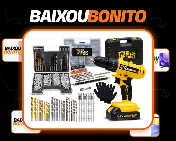 Parafusadeira Furadeira De Impacto Sem Fio Com 2 Baterias 21V + Kit 300 Peças Brocas e Buchas E Luva Pigmentada