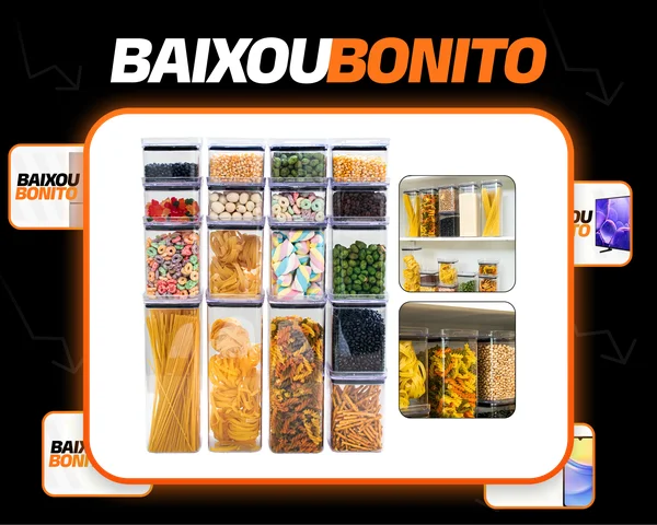 Kit 17 Potes Herméticos Acrílicos Empilháveis Quadrados Transparente para Cozinha e Despensa