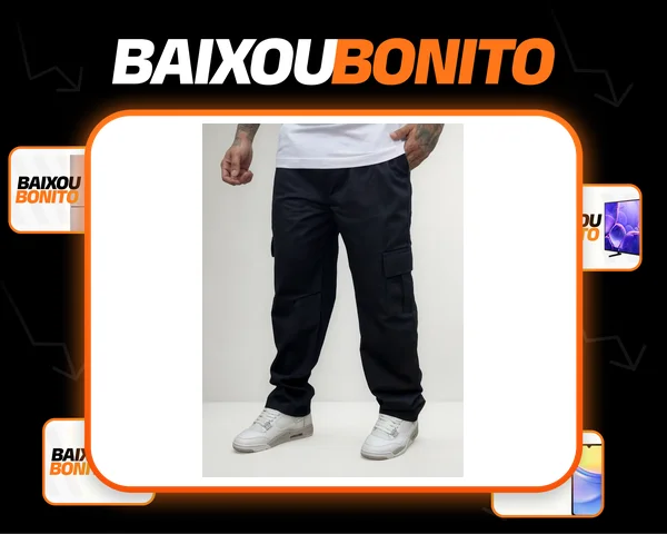 Calça Cargo Sarja Larga Masculina Skate Casual Bolso Lateral