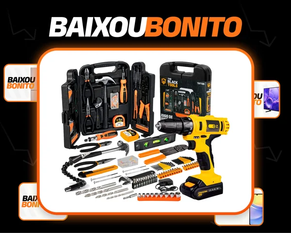 Kit Jogo De Ferramentas 129 Peças Maleta Completo TBT129 The Black Tools + Furadeira Parafusadeira de Impacto PB6500K Com Maleta e Acessórios