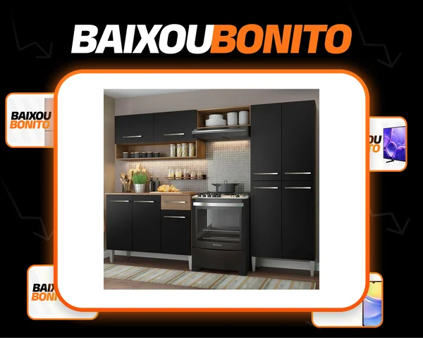 Armário de cozinha modulada completa compacta Emilly pop com armário e balcão cor rustic/preto GREM229002